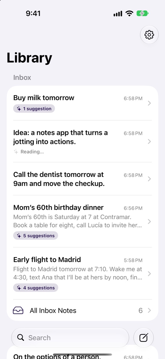 The Library on iPhone. The Inbox section lists notes with suggestions waiting, including Mom’s 60th birthday dinner with five.